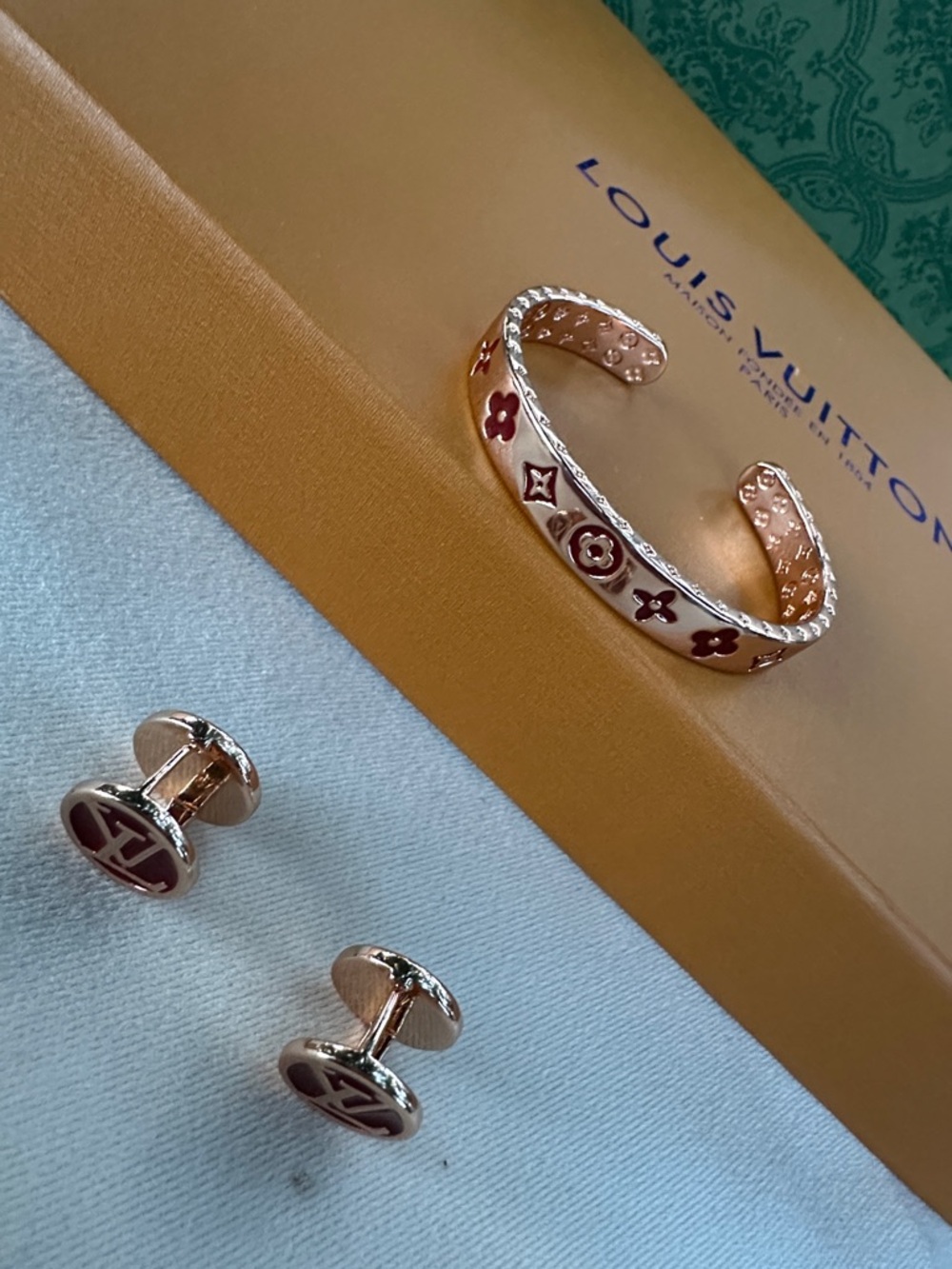 Louis Vuitton Rose Gold Bracelet and Red Logo Earrings Set - Picture 12 of 12